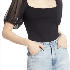 Free People Black Sheer Puff Sleeve Top